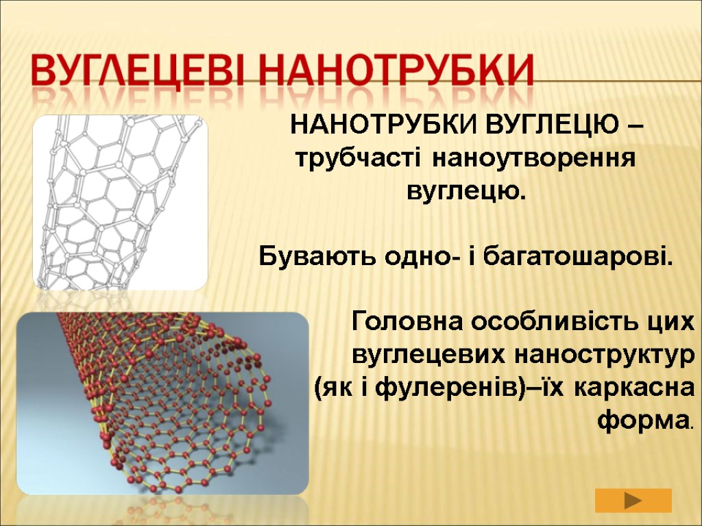 НАНОТРУБКИ ВУГЛЕЦЮ – трубчасті наноутворення вуглецю. Бувають одно- і багатошарові. Головна особливість цих вуглецевих